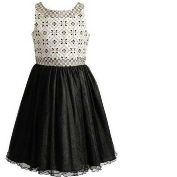 *Party Dress Emily West sz 12 White Black Gold Geometric Glitter Holiday Girls